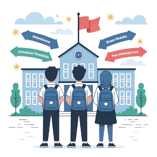 School Management System Illustration - Students in front of school building with management features